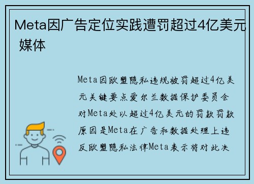 Meta因广告定位实践遭罚超过4亿美元 媒体